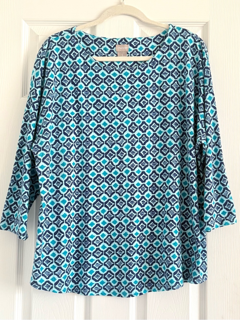 Chico's Teal and Navy Geometric 3/4 Sleeve Knit Top XL *flaw